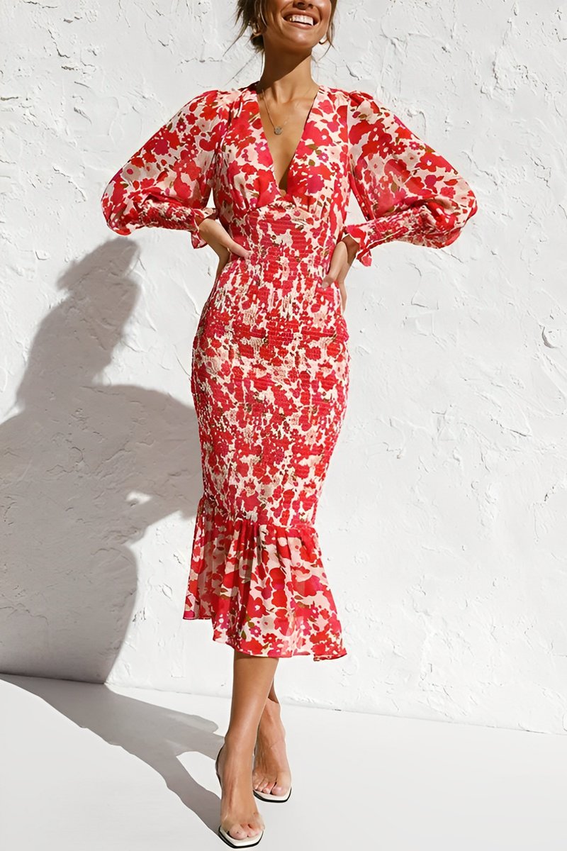 Women's Floral Bishop-Sleeve Fall Midi Dress Smocked Waist