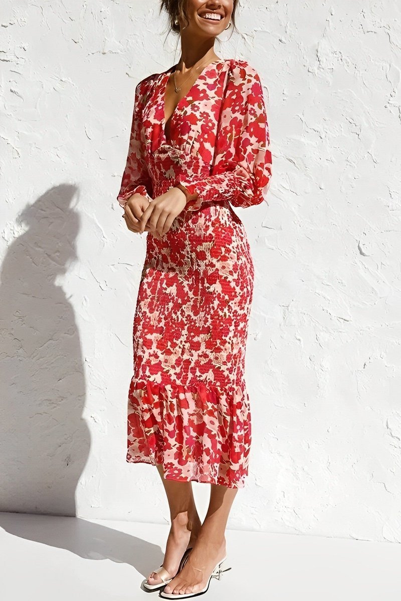Women's Floral Bishop-Sleeve Fall Midi Dress Smocked Waist