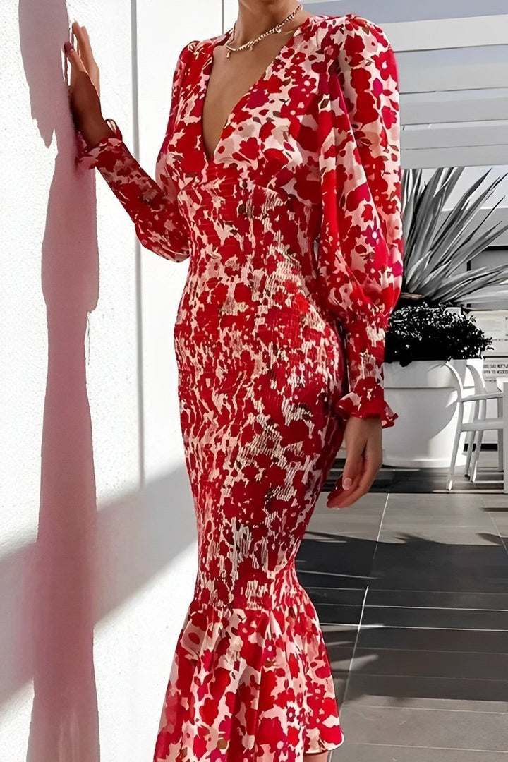 Women's Floral Bishop-Sleeve Fall Midi Dress Smocked Waist