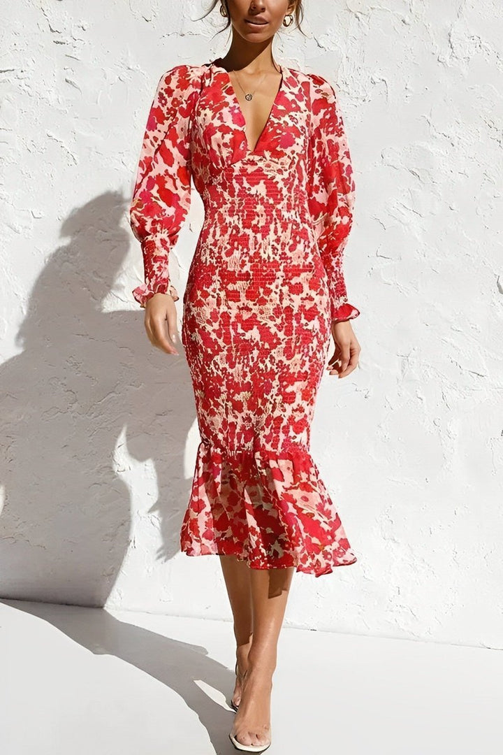 Women's Floral Bishop-Sleeve Fall Midi Dress Smocked Waist