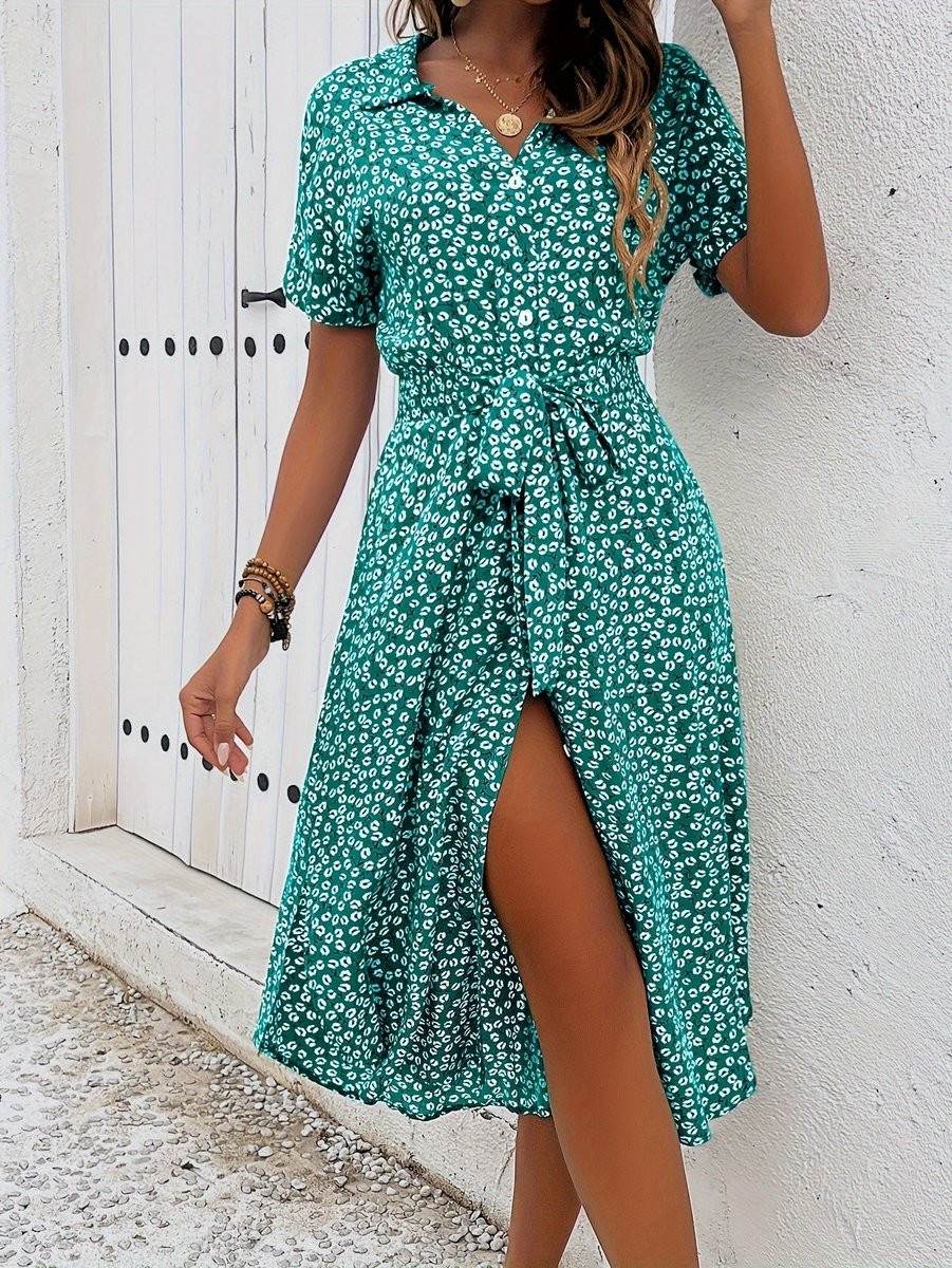 Women's Floral Button-Down Belted Fall Midi Dress Short Sleeve