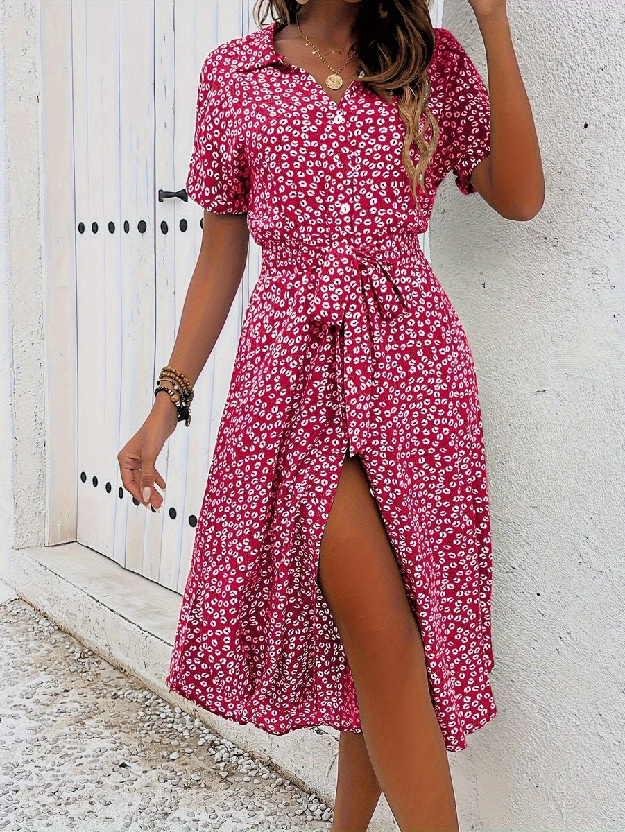 Women's Floral Button-Down Belted Fall Midi Dress Short Sleeve
