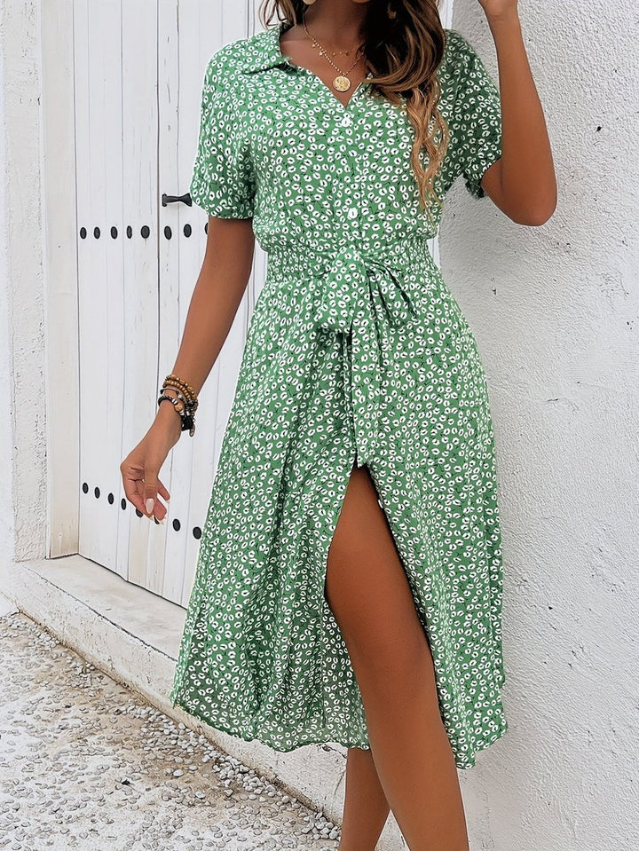 Women's Floral Button-Down Belted Fall Midi Dress Short Sleeve