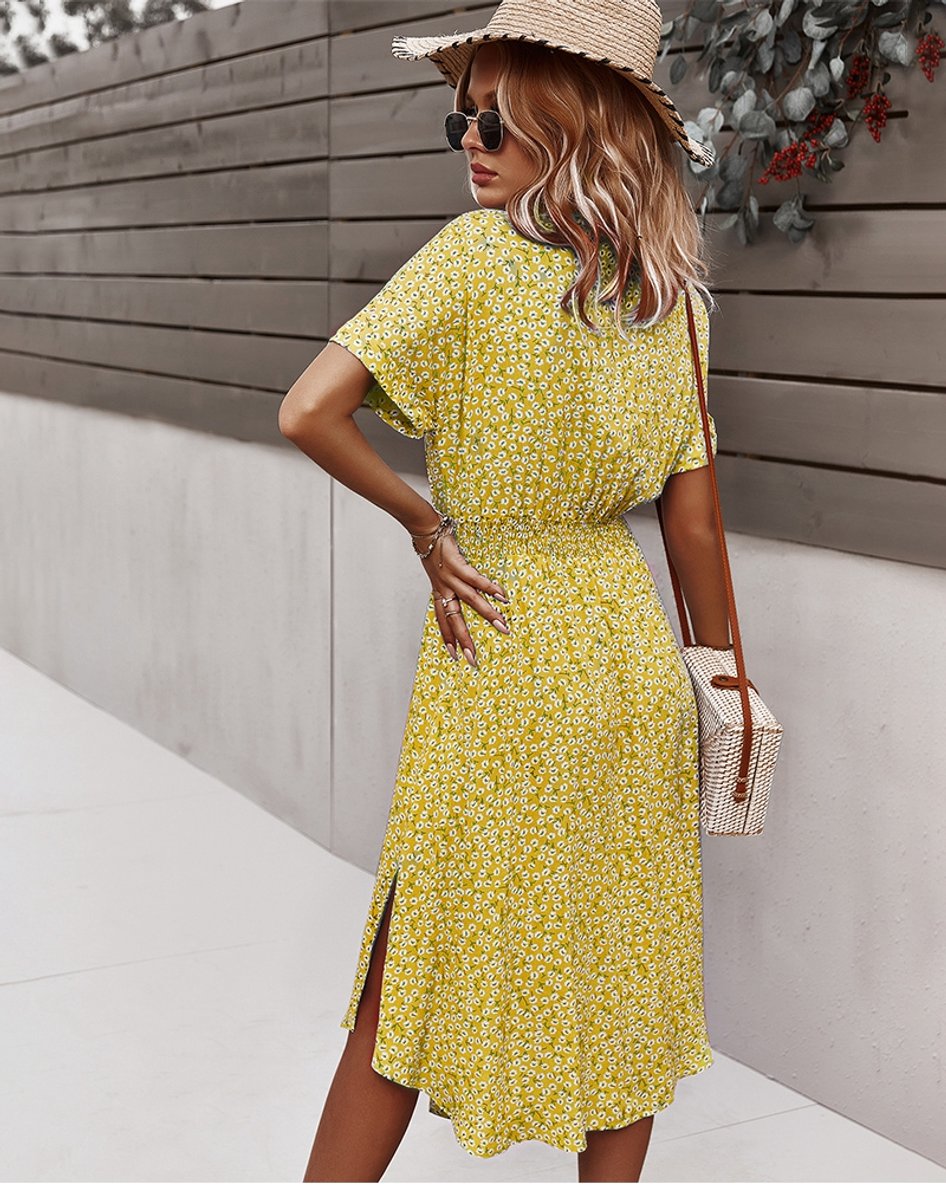 Women's Floral Button-Down V-Neck Fall Midi Dress Short Sleeve