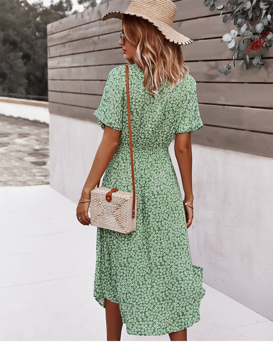 Women's Floral Button-Down V-Neck Fall Midi Dress Short Sleeve