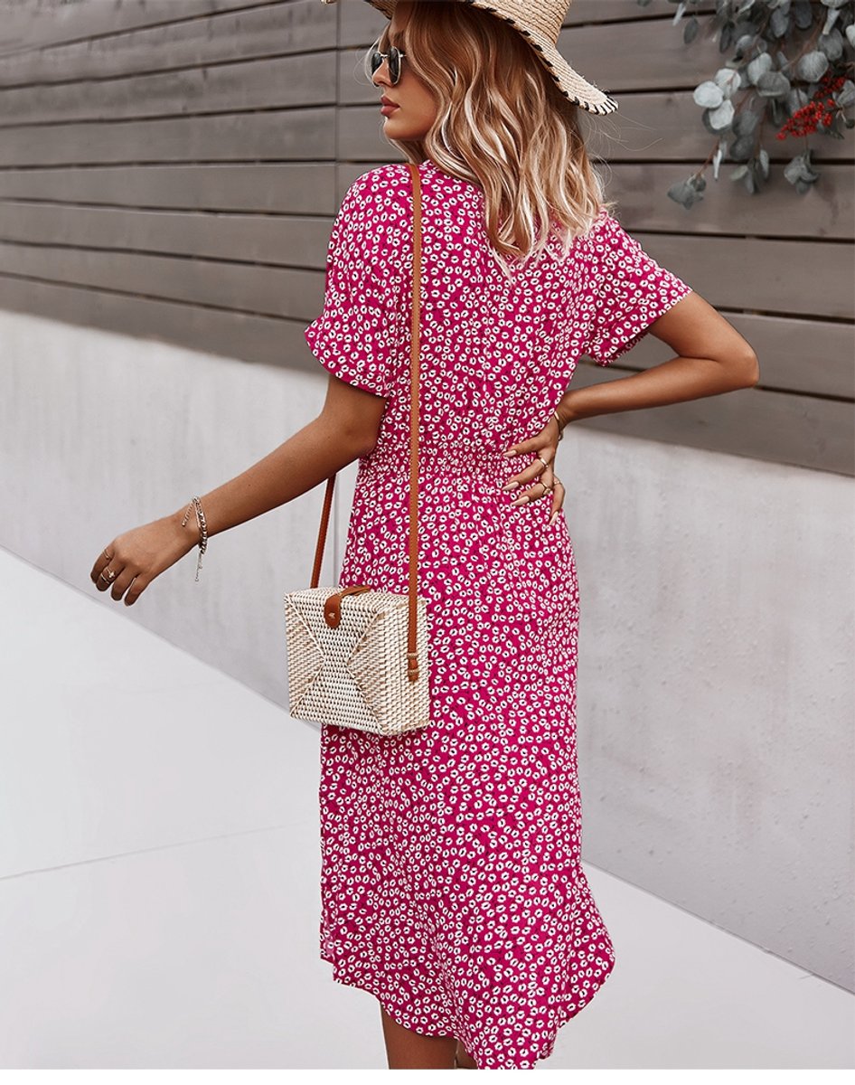 Women's Floral Button-Down V-Neck Fall Midi Dress Short Sleeve
