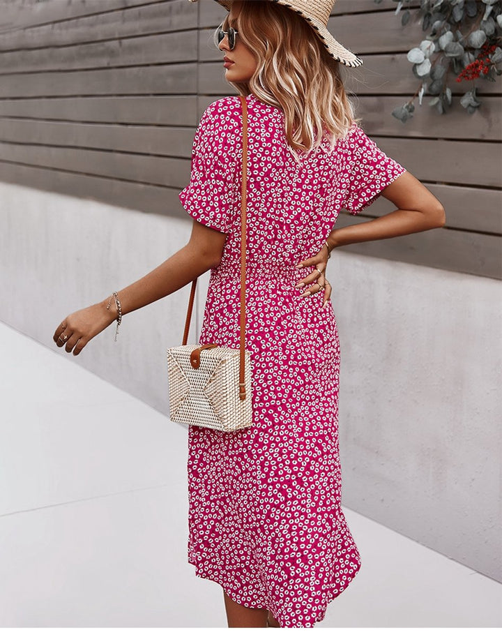 Women's Floral Button-Down V-Neck Fall Midi Dress Short Sleeve