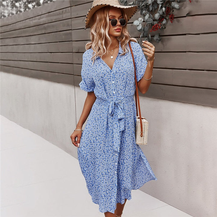 Women's Floral Button-Down V-Neck Fall Midi Dress Short Sleeve