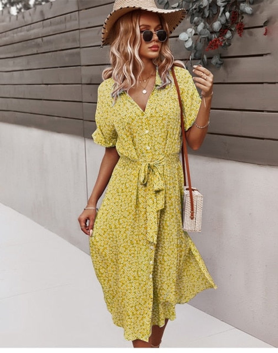 Women's Floral Button-Down V-Neck Fall Midi Dress Short Sleeve