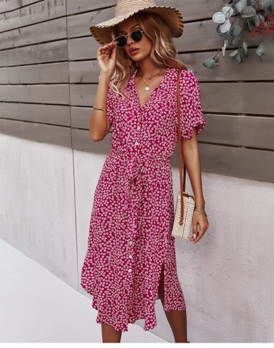 Women's Floral Button-Down V-Neck Fall Midi Dress Short Sleeve