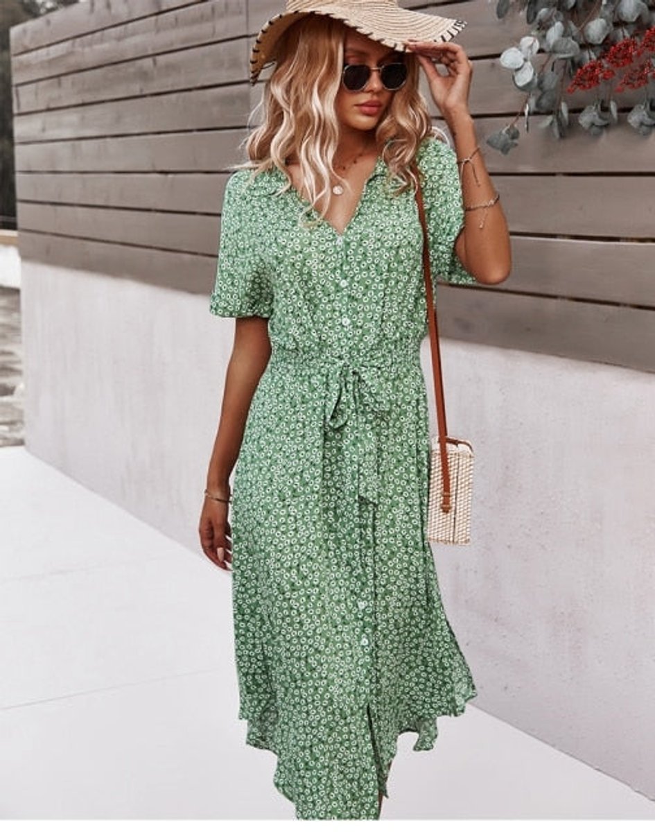 Women's Floral Button-Down V-Neck Fall Midi Dress Short Sleeve