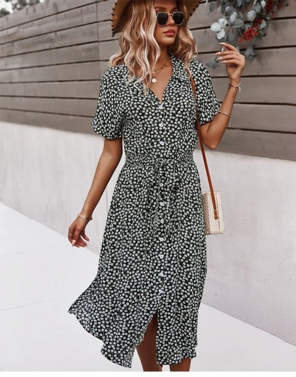 Women's Floral Button-Down V-Neck Fall Midi Dress Short Sleeve