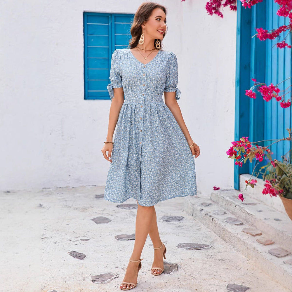 Women's Floral Button-Front Midi Formal Dress Puffed Sleeves