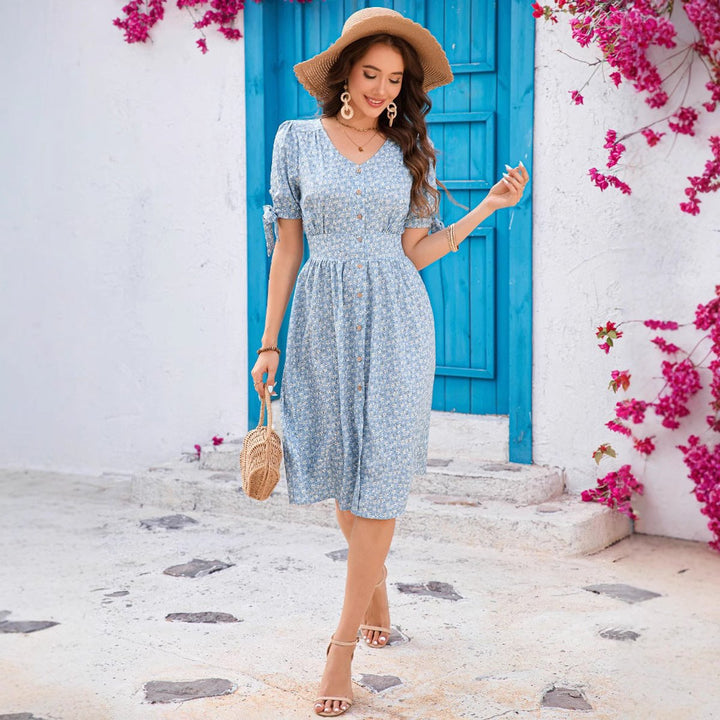 Women's Floral Button-Front Midi Formal Dress Puffed Sleeves