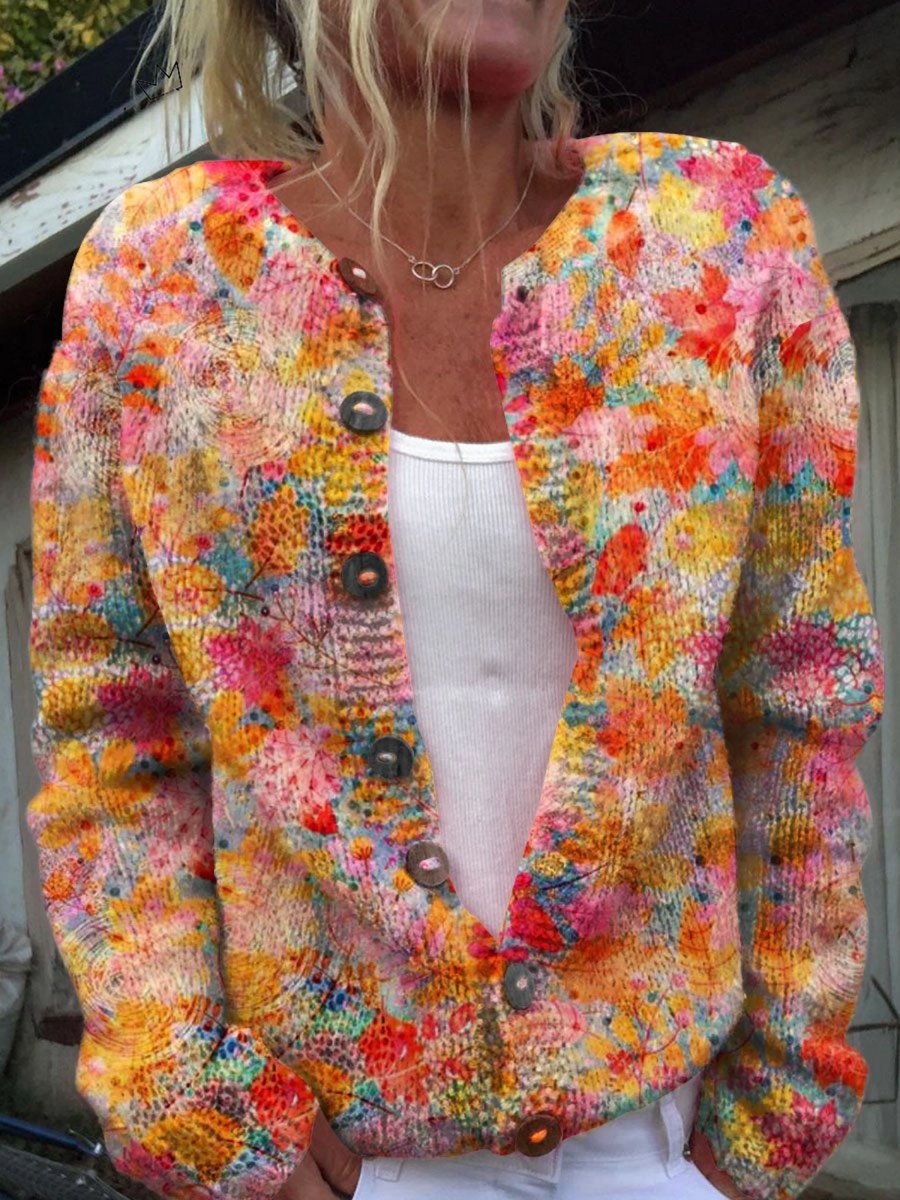 Women's Floral Button-Front Open Knit Cardigan