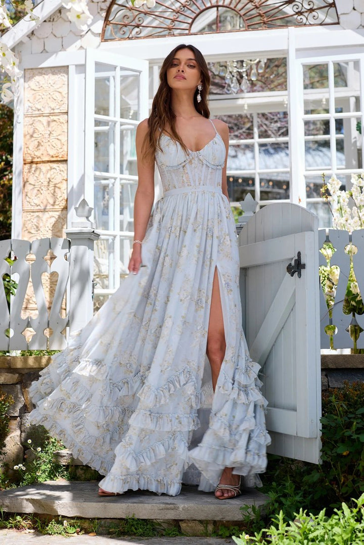 Women's Floral Chiffon Corset A-Line Fall Wedding Guest Dress Ruffled Maxi