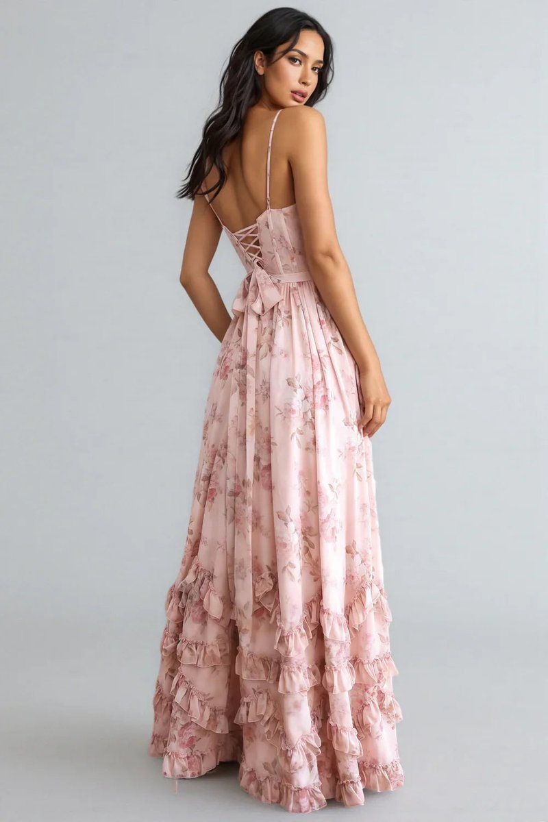 Women's Floral Chiffon Corset A-Line Fall Wedding Guest Dress Ruffled Maxi
