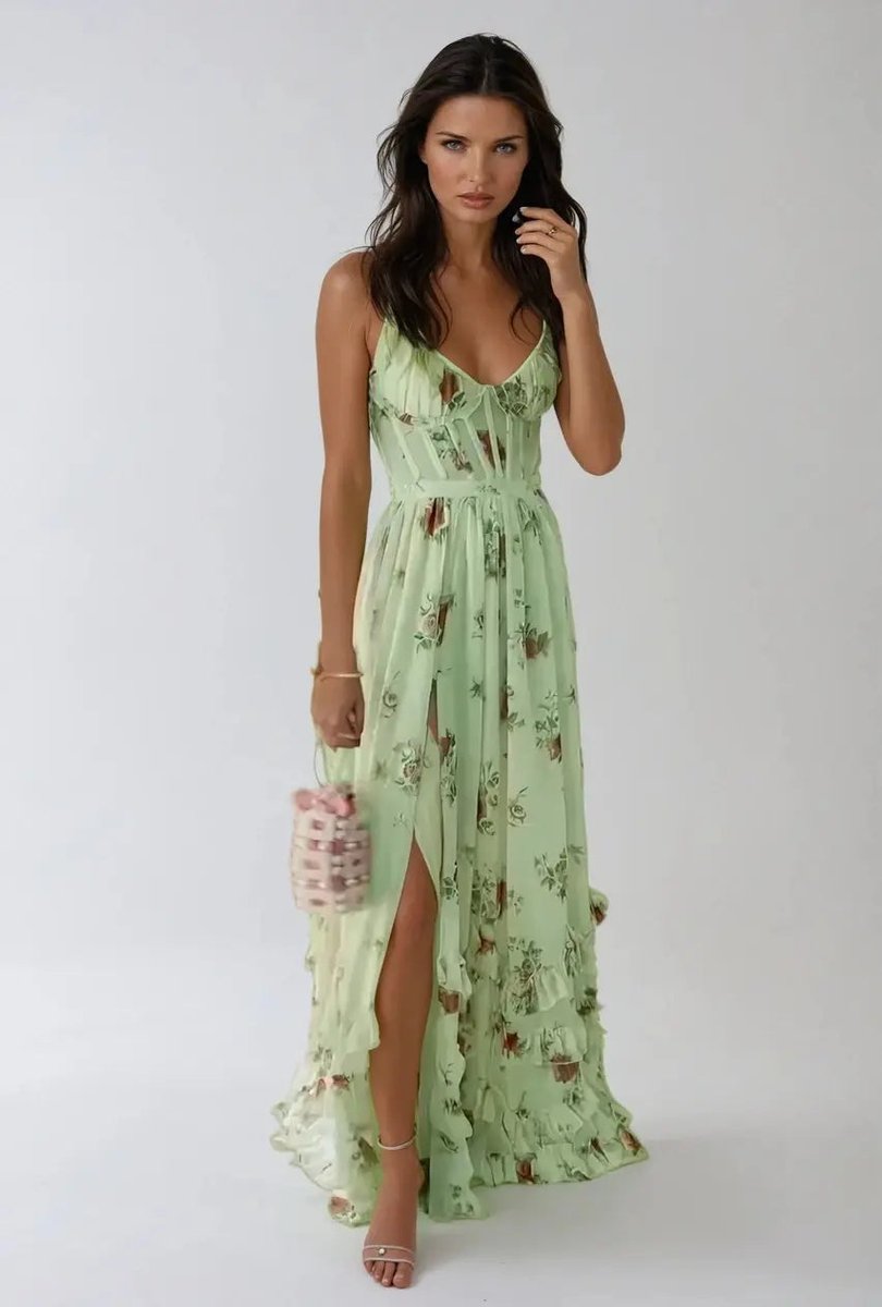 Women's Floral Chiffon Corset A-Line Fall Wedding Guest Dress Ruffled Maxi