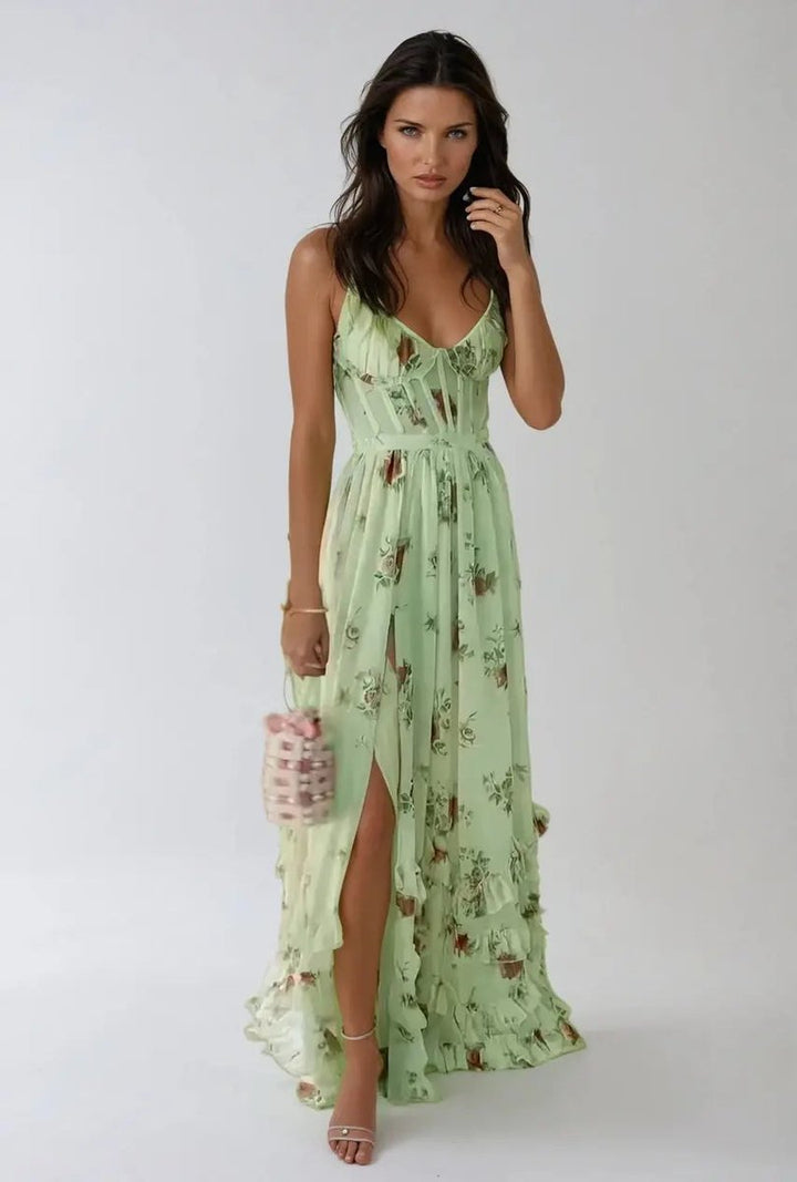 Women's Floral Chiffon Corset A-Line Fall Wedding Guest Dress Ruffled Maxi