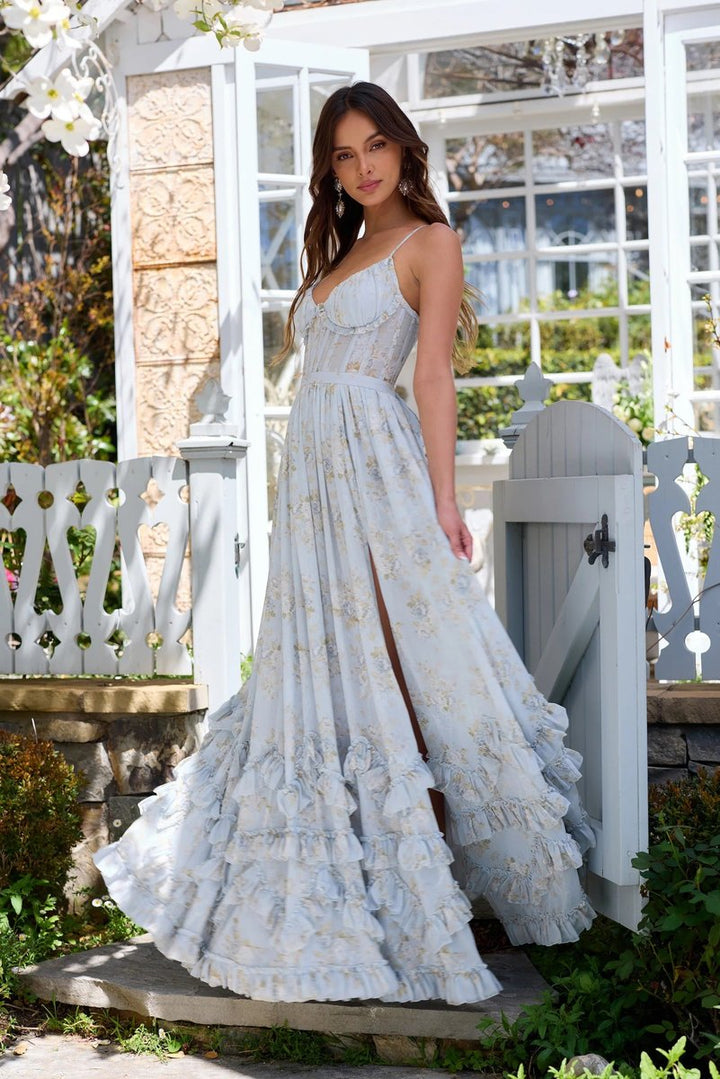 Women's Floral Chiffon Corset A-Line Fall Wedding Guest Dress Ruffled Maxi