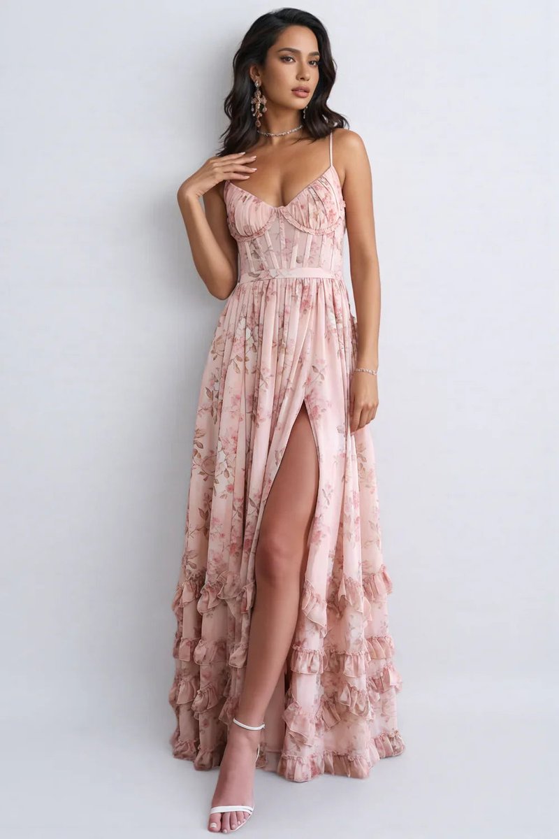 Women's Floral Chiffon Corset A-Line Fall Wedding Guest Dress Ruffled Maxi