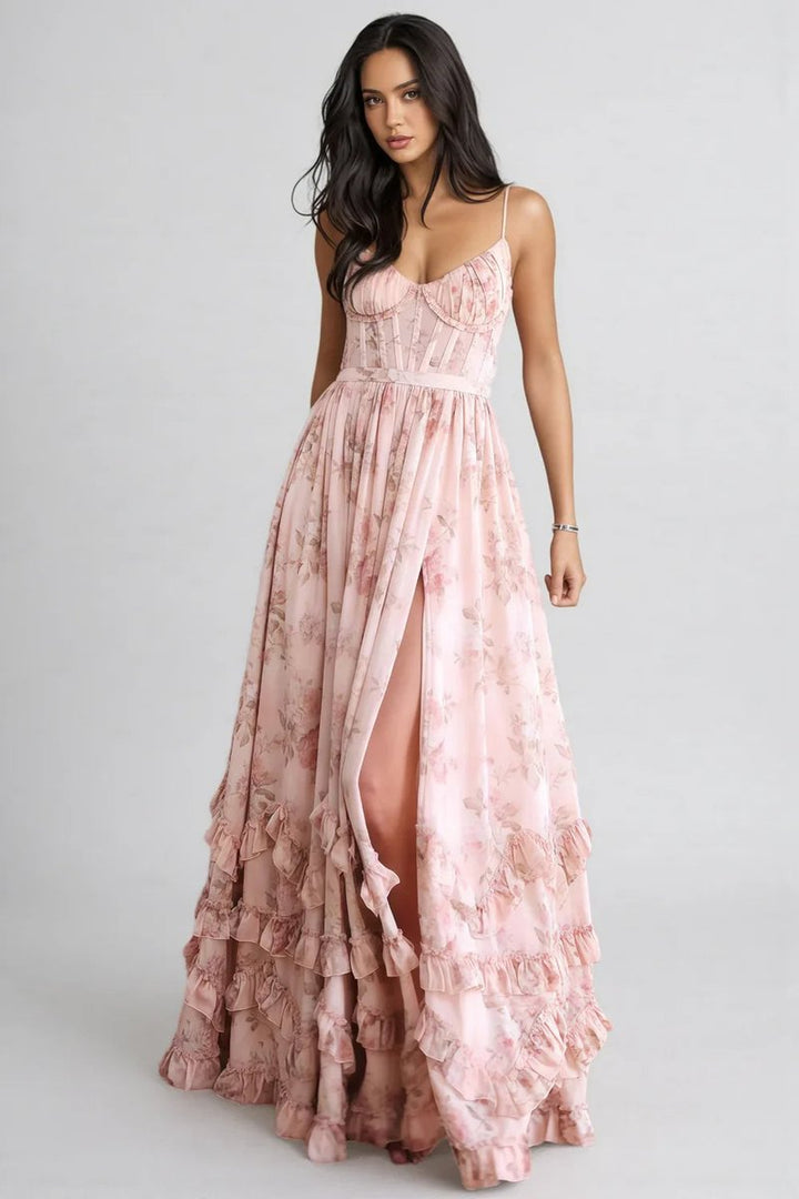 Women's Floral Chiffon Corset A-Line Fall Wedding Guest Dress Ruffled Maxi