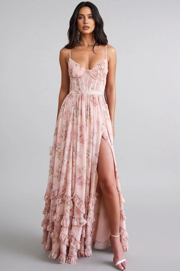 Women's Floral Chiffon Corset A-Line Fall Wedding Guest Dress Ruffled Maxi