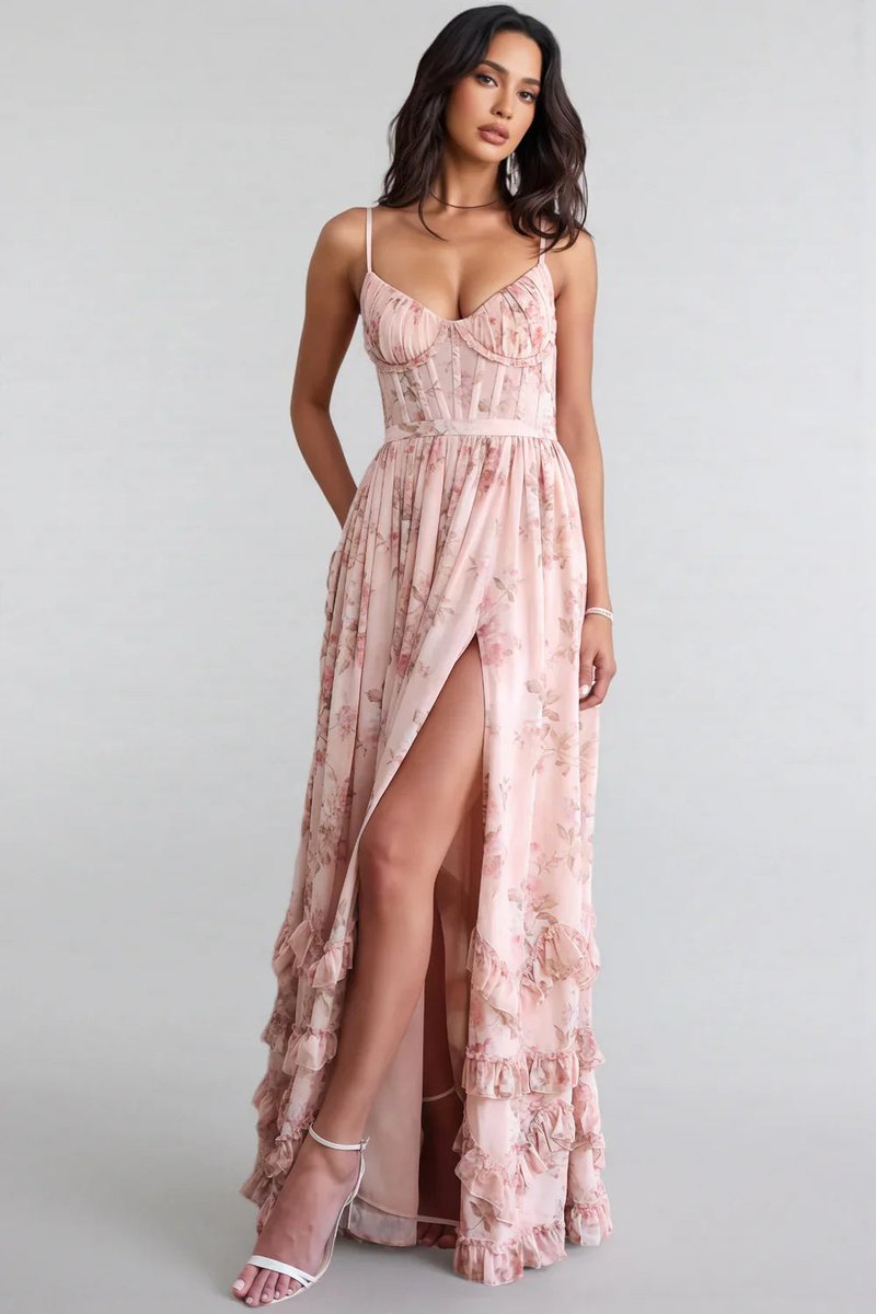 Women's Floral Chiffon Corset A-Line Fall Wedding Guest Dress Ruffled Maxi