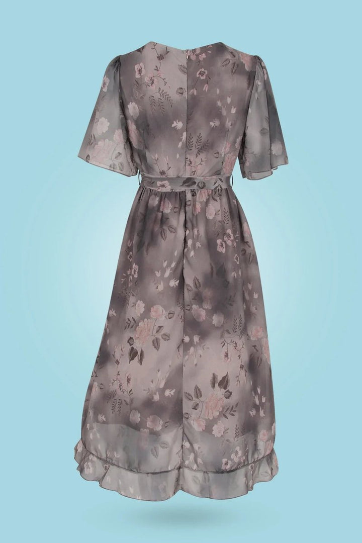 Women's Floral Chiffon Flutter-Sleeve Fall Midi Dress