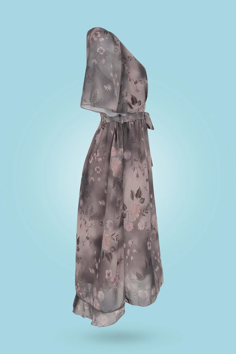 Women's Floral Chiffon Flutter-Sleeve Fall Midi Dress