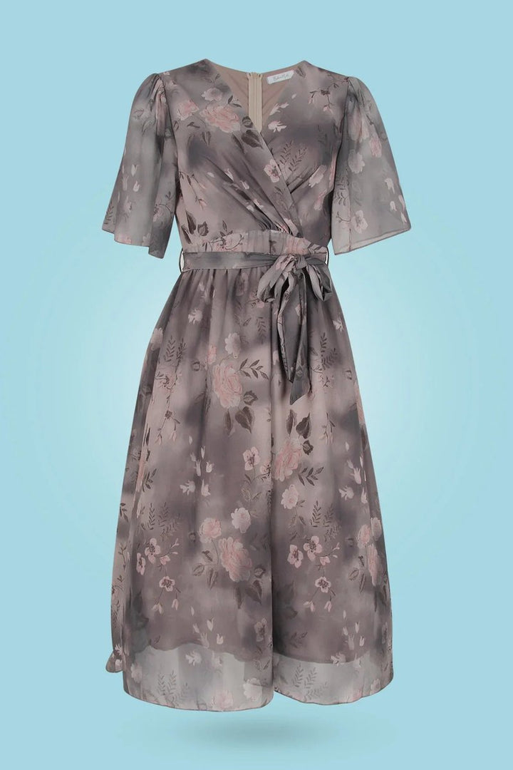 Women's Floral Chiffon Flutter-Sleeve Fall Midi Dress