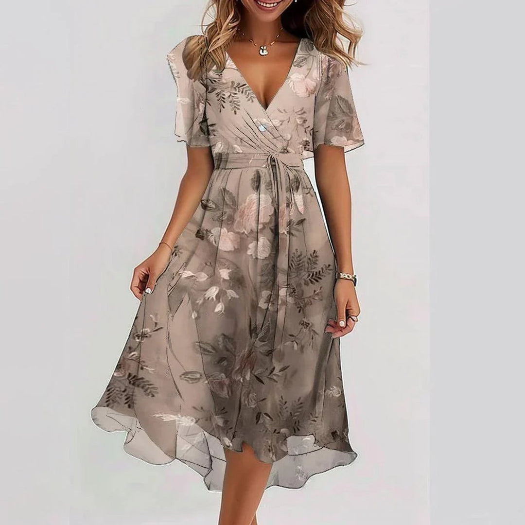 Women's Floral Chiffon Flutter-Sleeve Fall Midi Dress