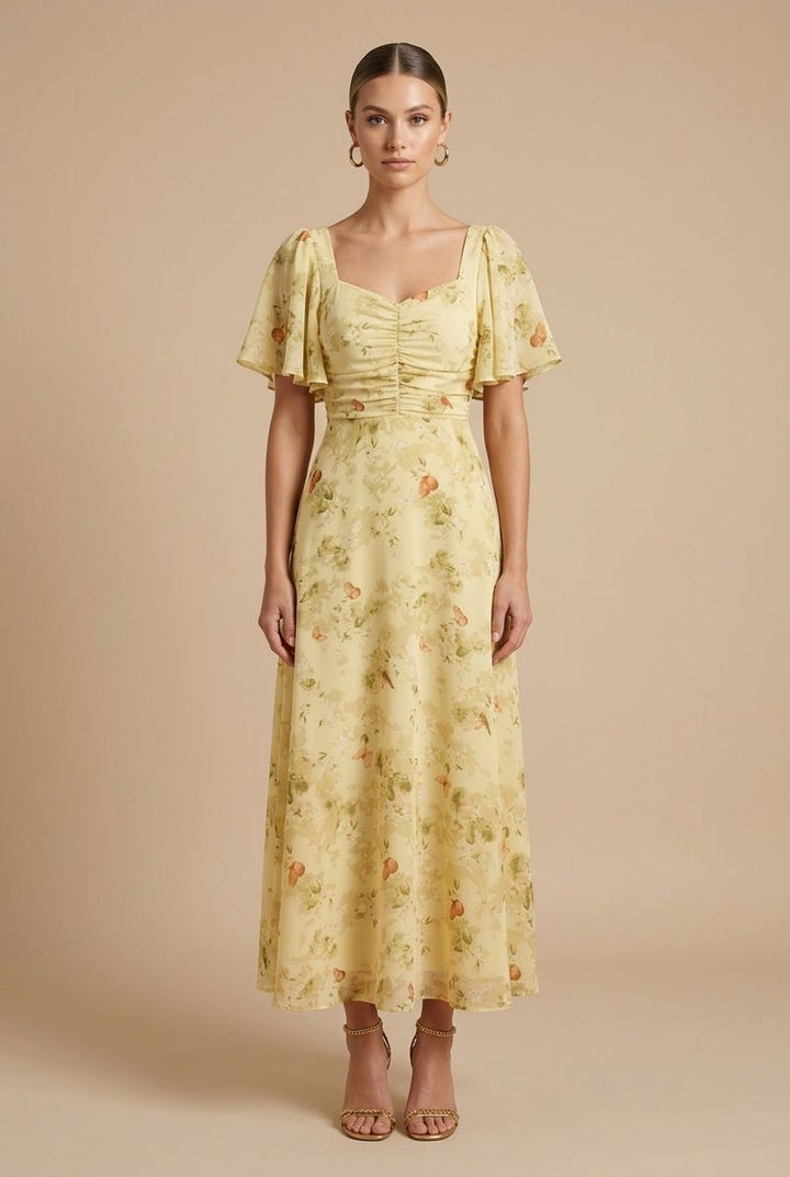 Women's Floral Chiffon Flutter-Sleeve Fall Wedding Guest Dress