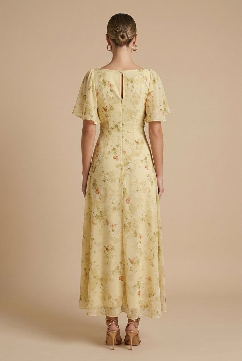 Women's Floral Chiffon Flutter-Sleeve Fall Wedding Guest Dress