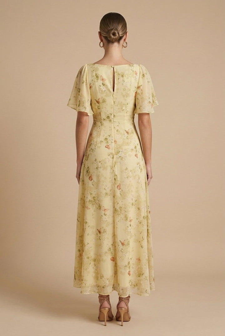 Women's Floral Chiffon Flutter-Sleeve Fall Wedding Guest Dress