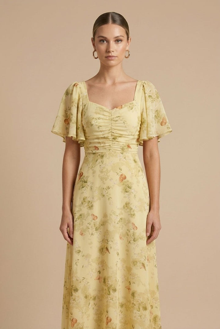 Women's Floral Chiffon Flutter-Sleeve Fall Wedding Guest Dress
