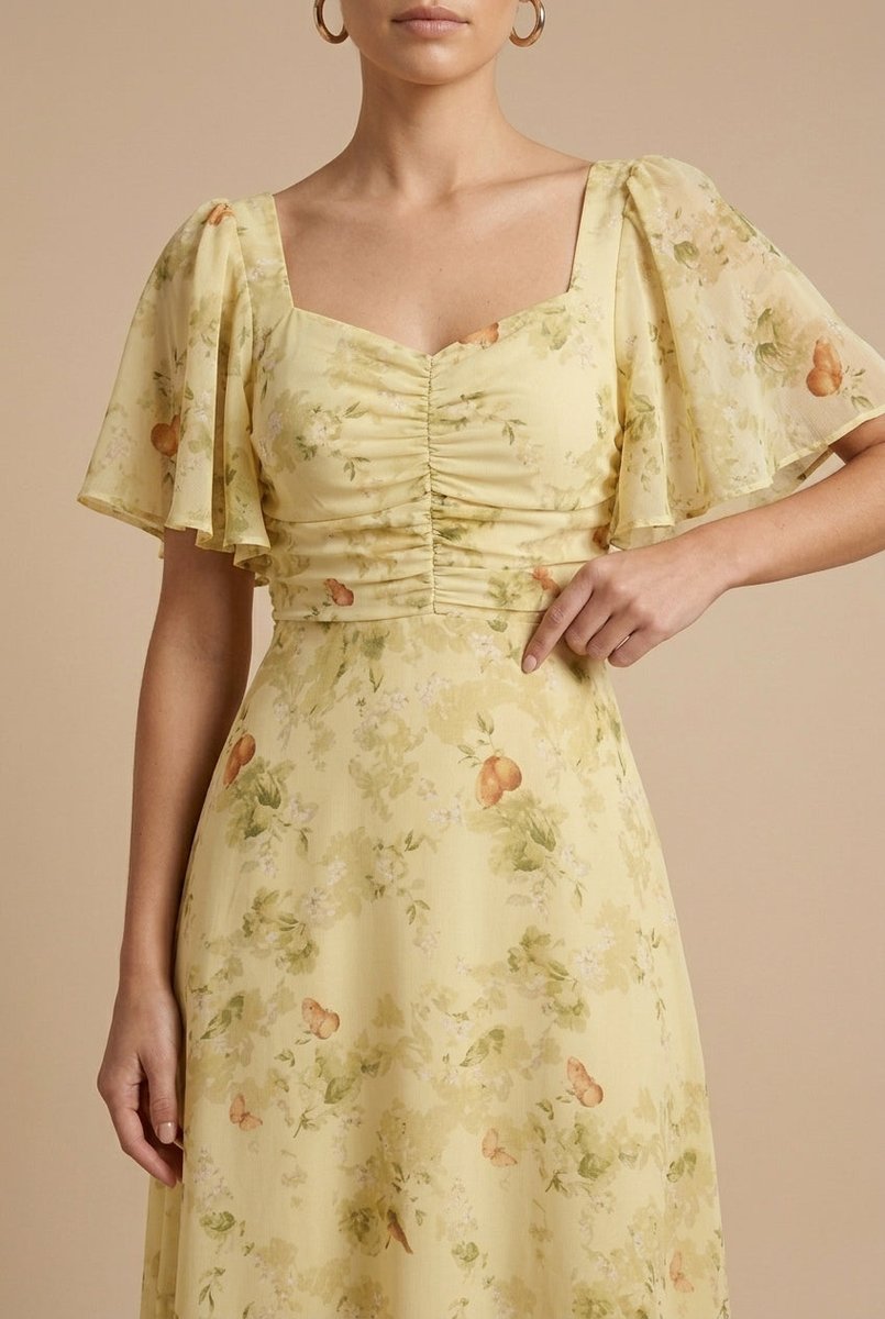 Women's Floral Chiffon Flutter-Sleeve Fall Wedding Guest Dress