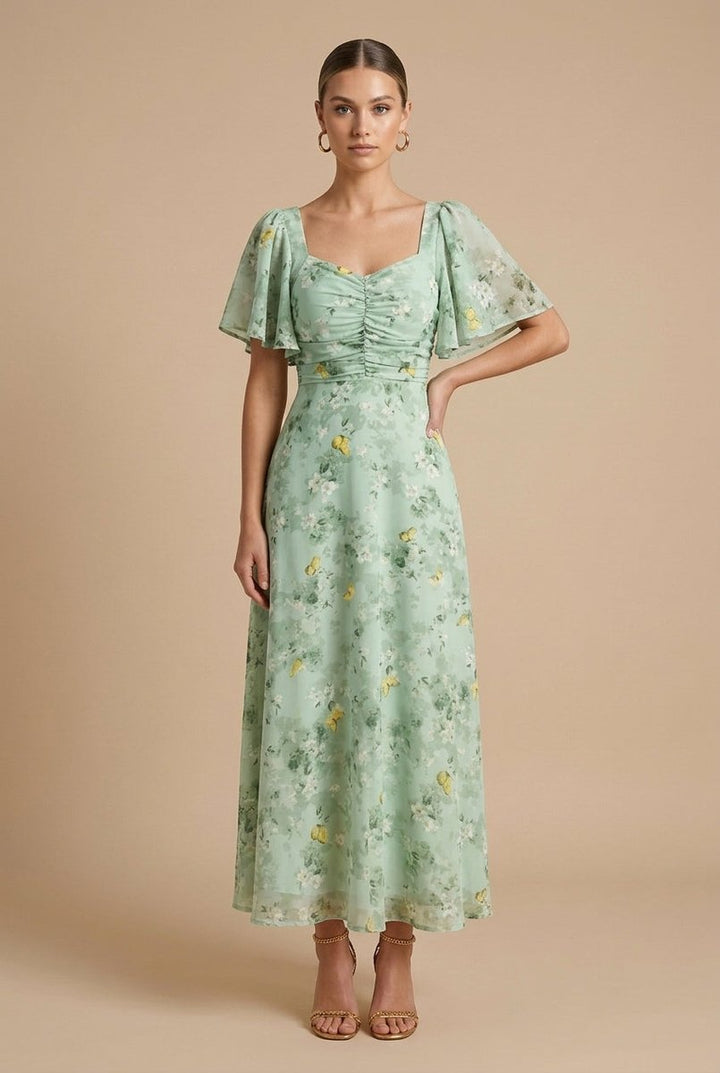 Women's Floral Chiffon Flutter-Sleeve Fall Wedding Guest Dress