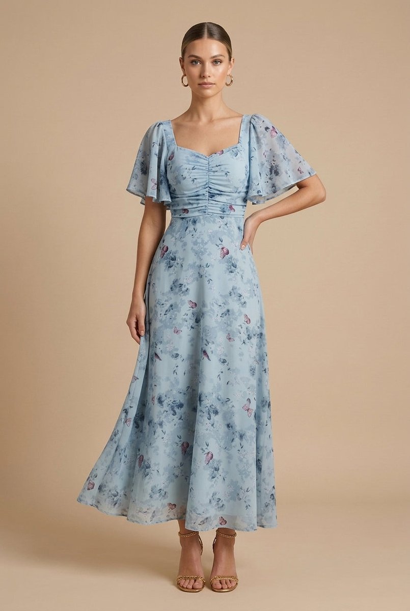 Women's Floral Chiffon Flutter-Sleeve Fall Wedding Guest Dress
