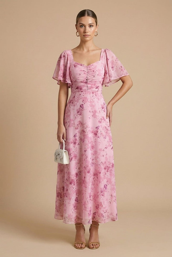 Women's Floral Chiffon Flutter-Sleeve Fall Wedding Guest Dress