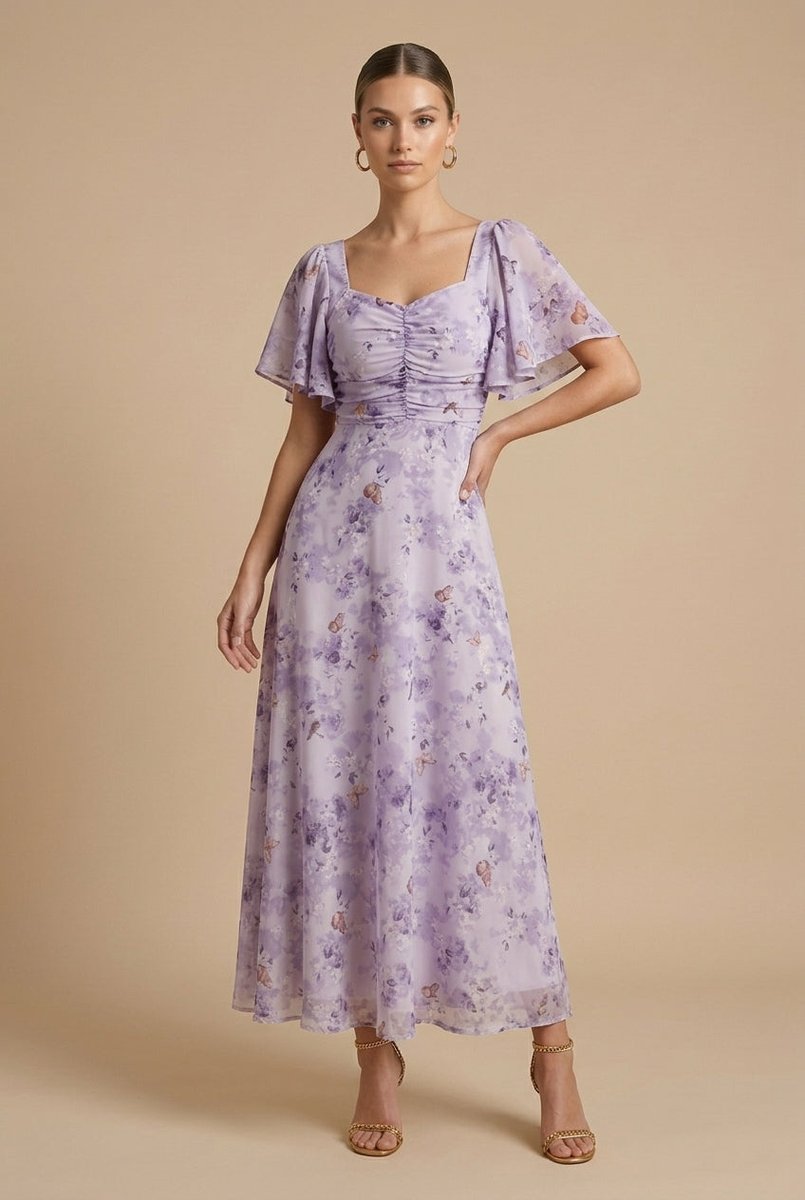 Women's Floral Chiffon Flutter-Sleeve Fall Wedding Guest Dress