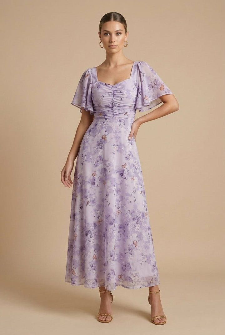 Women's Floral Chiffon Flutter-Sleeve Fall Wedding Guest Dress