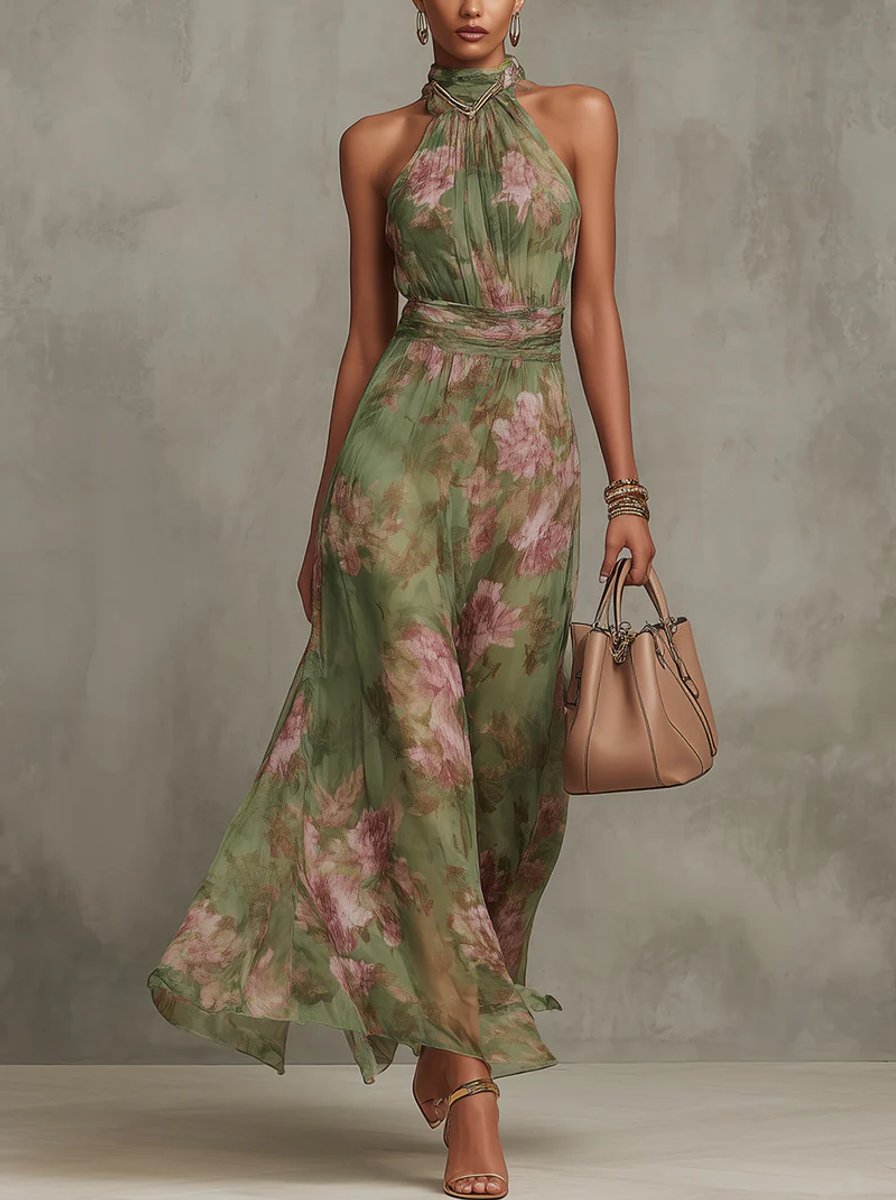 Women's Floral Chiffon Halter Neck Fall Wedding Guest Dress Maxi