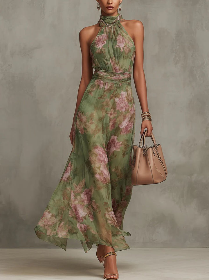 Women's Floral Chiffon Halter Neck Fall Wedding Guest Dress Maxi
