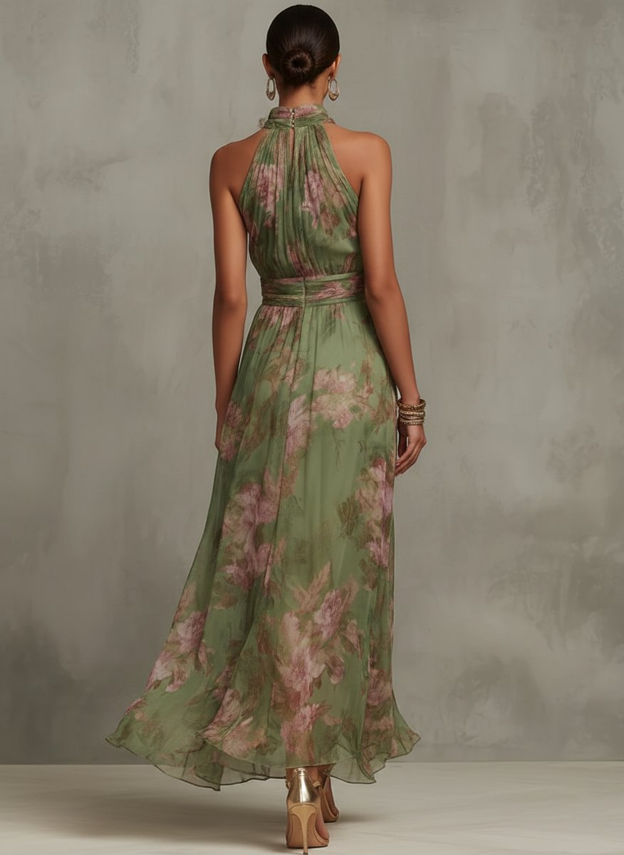 Women's Floral Chiffon Halter Neck Fall Wedding Guest Dress Maxi
