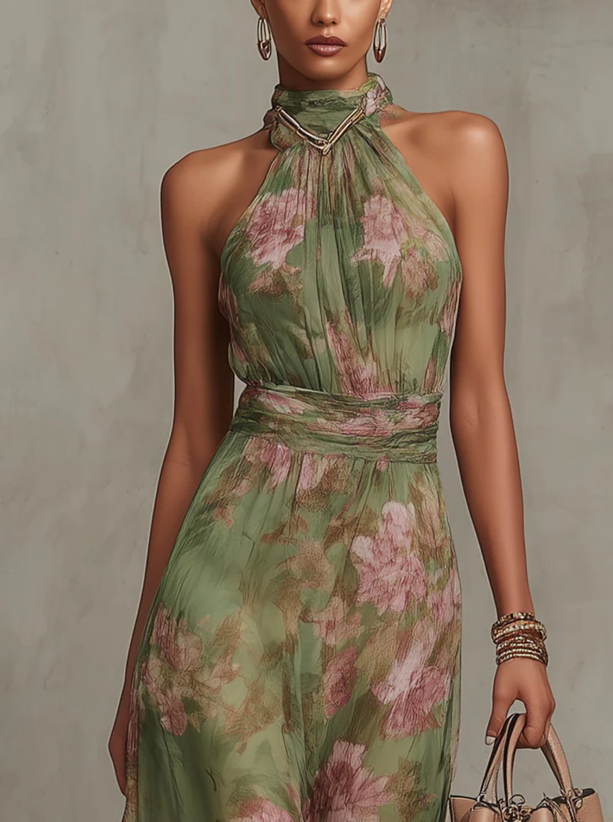 Women's Floral Chiffon Halter Neck Fall Wedding Guest Dress Maxi