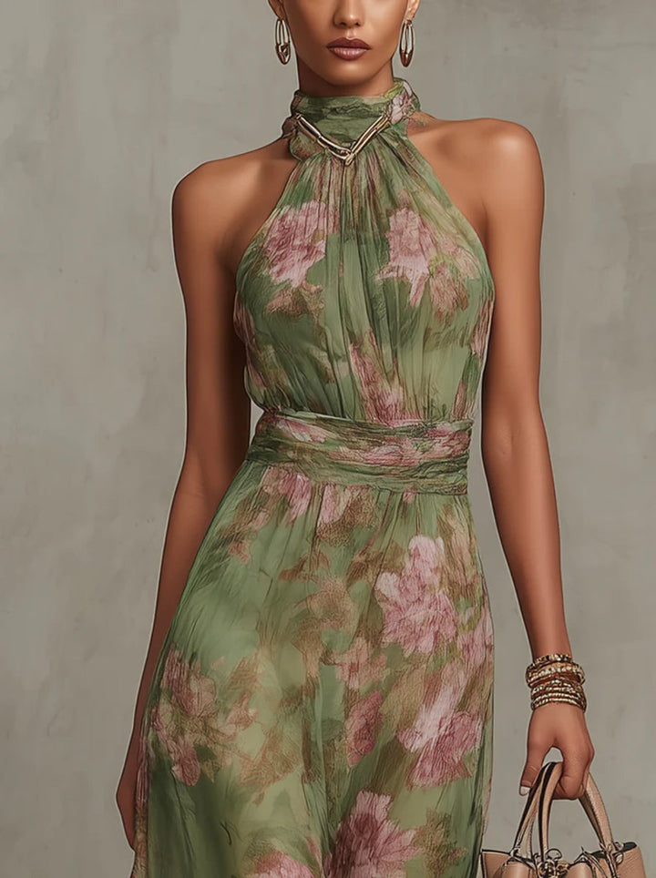 Women's Floral Chiffon Halter Neck Fall Wedding Guest Dress Maxi