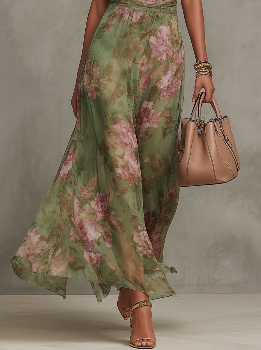 Women's Floral Chiffon Halter Neck Fall Wedding Guest Dress Maxi