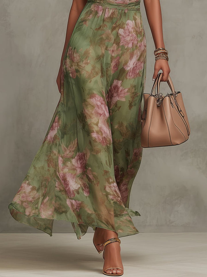 Women's Floral Chiffon Halter Neck Fall Wedding Guest Dress Maxi