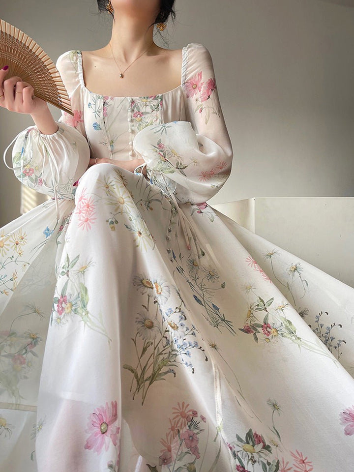 Women's Floral Chiffon Puff Sleeve Square Neck Fall Midi Dress